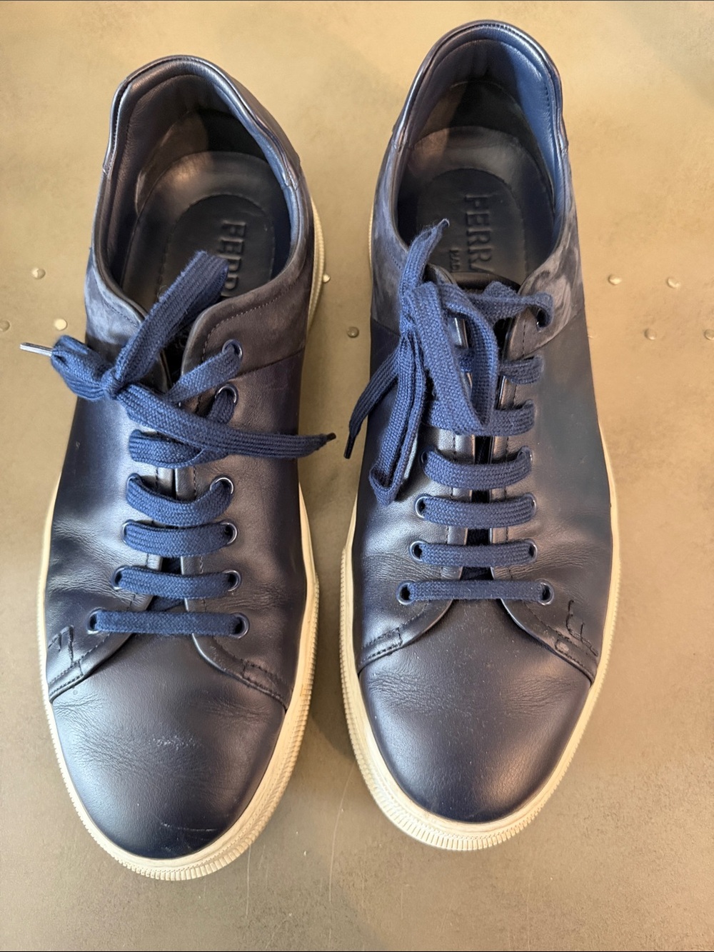 Salvatore Ferragamo Navy Leather Low-Top Sneakers with White Sole
